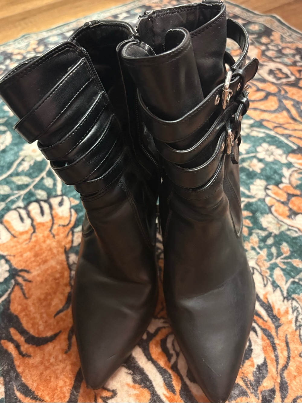 Guess Black Pointed Strap Buckle Ankle Heeled Boots